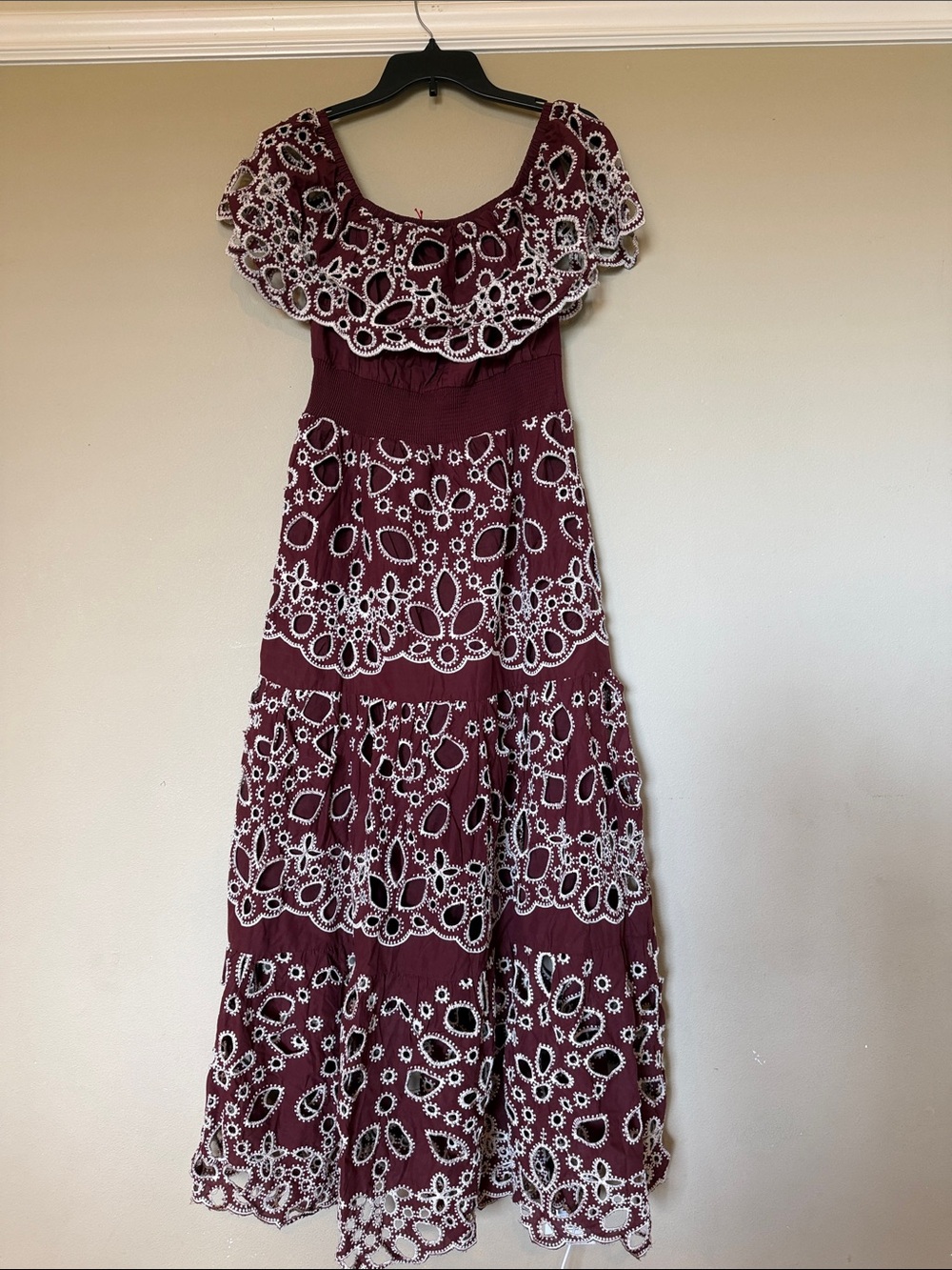 Solitaire Burgundy Maxi Dress with White Lace Appliqué